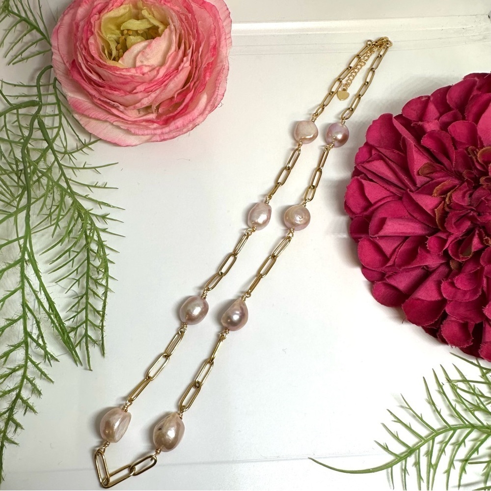 NEW⚜️Baroque Freshwater Pink Pearl Chain Necklace - Picture 4 of 6
